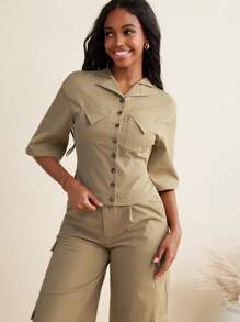 GYD studio Light Khaki Oversized Short Sleeve Pocket Button Casual Tops Women's Business Casual Blouses Summer Short Sleeve Shirt, Office