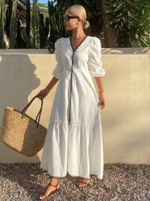 Livesso Patchwork Contrast Color Fringe Trim A-Line Dress With Princess Sleeves, Elegant Resort Style Fall Long Dress For Women,Casual Women Dresses Long Sleeve Dress