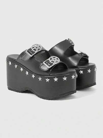 Grunge Punk Black Sandals Summer Open Toe Rhinestone Shiny Y2K Gothic Shoes For Women, Transparent Crystal Sweet Platform Wedge Sandals, Halloween