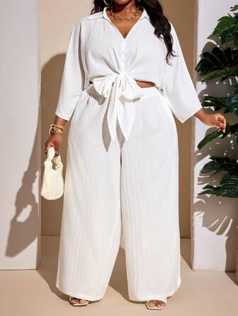 SHEIN CURVE+ 大码 2025 百搭白色百搭休闲装，性感/简约短款系腰上衣和直筒裤套装女士沙滩装/沙滩裙/沙滩度假装/沙滩必备品/毕业/茶会礼服，2 件夏季服装夏季/乡村/海滩度假装/沙滩装/沙滩装