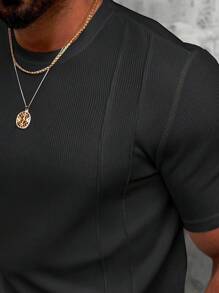 Manfinity CasualCool 男士夏季基本款纯色针织休闲圆领短袖两件套西装，适合日常休闲穿着，适合送给老公和男朋友的礼物 - 黑色 - 查看 7