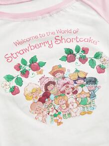 Strawberry Shortcake | ROMWE Áo thun cổ tròn tay ngắn họa tiết hoạt hình và chữ Colorblock dành cho nữ - trắng - Xem 2