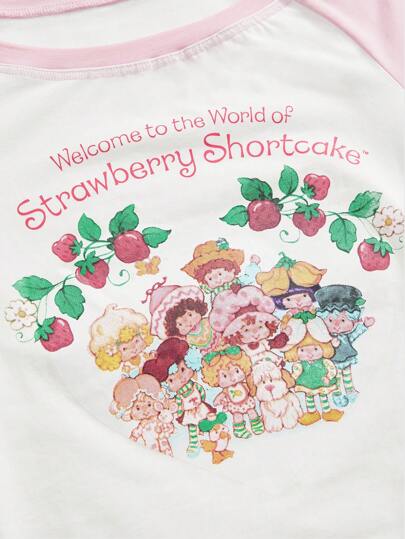 Camiseta de mujer de manga corta con cuello redondo, bloques de color, letras y diseño de dibujos animados