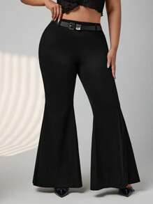 SHEIN ICON Damen Lässig Hose mit ausgestelltem Bein in Schwarz, Große Größen, vielseitig einsetzbar und figurbetont - Schwarz - Übersicht 3