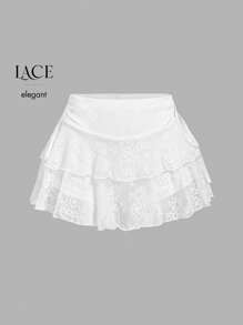 SHEIN MOD Women's White Lace Drawstring Waist Mini Skirt, New Years, Rave Festival, Y2k Clothes, Sexy Skirt, Western Wear Women, Summer For Women, Country, Valentine Day, Cruise Women Sexy - White - View 6