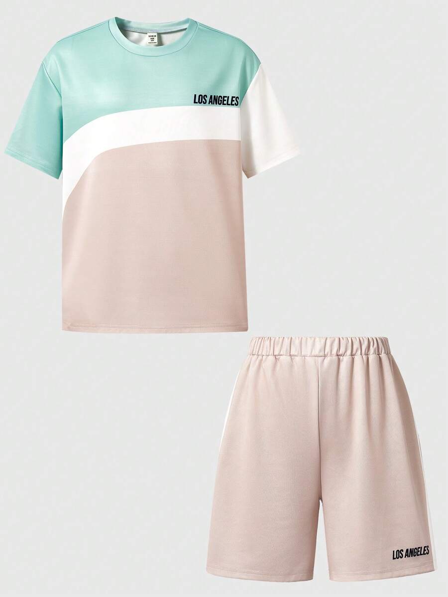SHEIN Explorewe 1 Set:Tween Boys Grey Summer Casual Vacation Colorblock Patchwork White Round Neck Oversized T-Shirt,Beige 2025 Loose Mid-Length Shorts - Multicolor - View 1