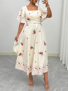 Modelyn Plus Size Women Vacation Square Neck Ruffle Sleeve Floral Print Cinched Waist A-Line Dress - Multicolor - View 1