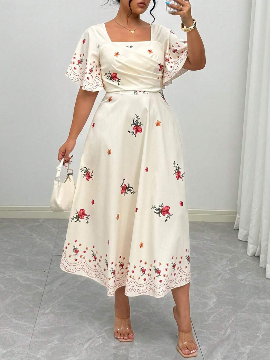 Modelyn Plus Size Women Vacation Square Neck Ruffle Sleeve Floral Print Cinched Waist A-Line Dress - Multicolor - View 1