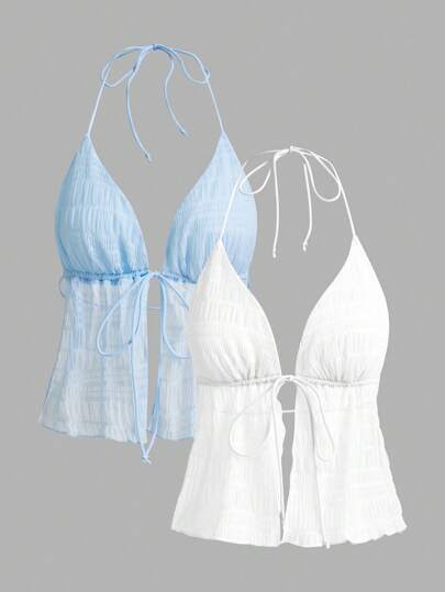 Sweetina Two-Piece Set Y2k Summer Hawaiian Clothes Solid Color Backless Halter Top With Straps