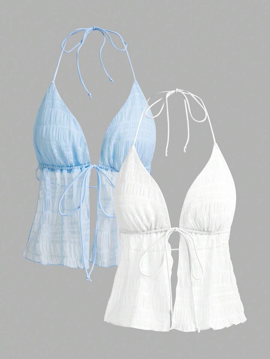 Sweetina Y2k 夏季夏威夷服饰纯色露背吊带上衣 - 淺藍色 - 查看 1