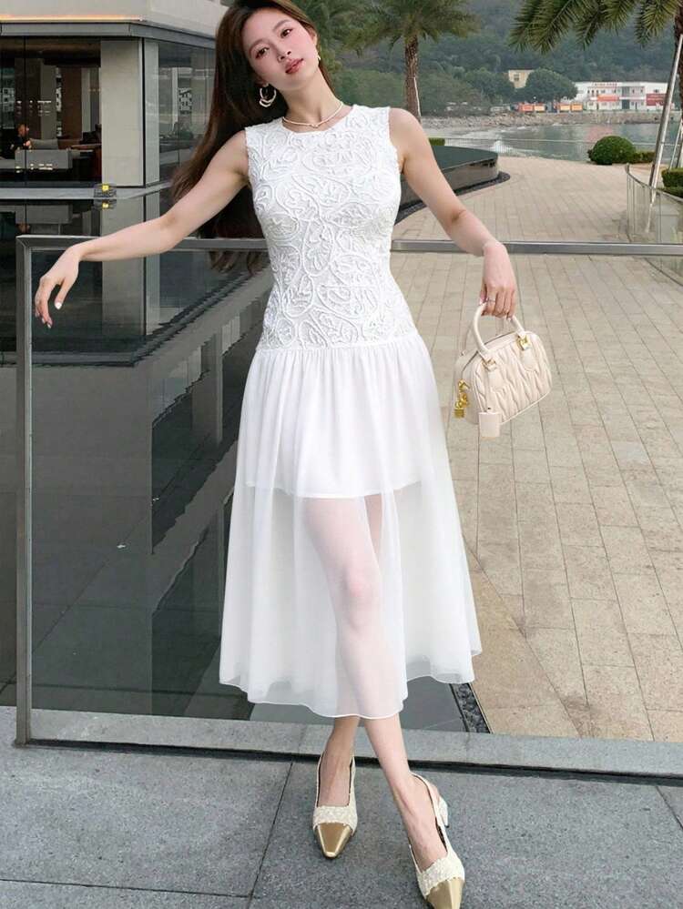 Women's Lace & Mesh Splice Sleeveless Dress, Elegant Round Neck Backless Party Gown, Vacation & Wedding Guest Summer Outfit Dress