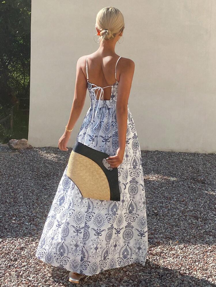 Floral Print Dress, Halter Backless Design Casual Vacation Summer Long Dress For Women Cruise Outfit For Women Maxi Dress Boho
