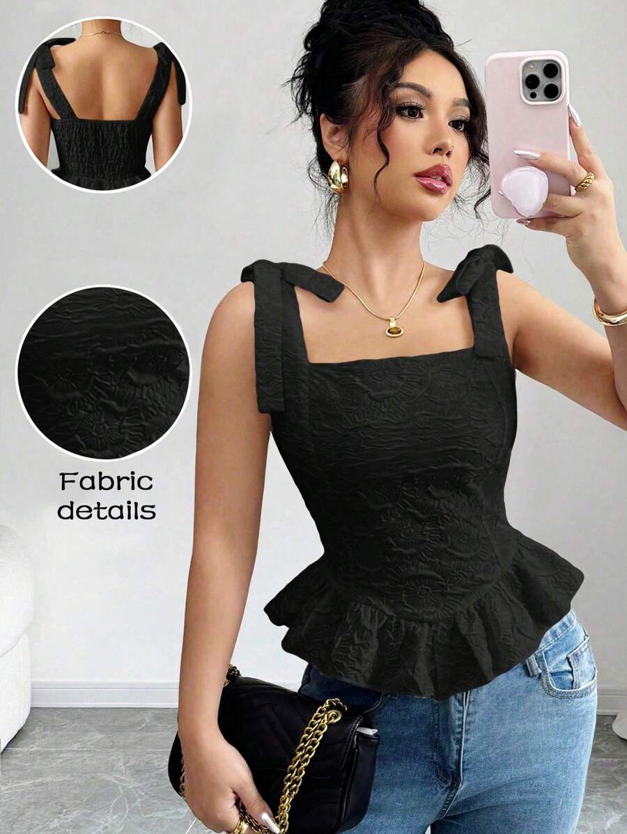 Elenzga White Jacquard Cropped Square Neck Top With Tying Strings