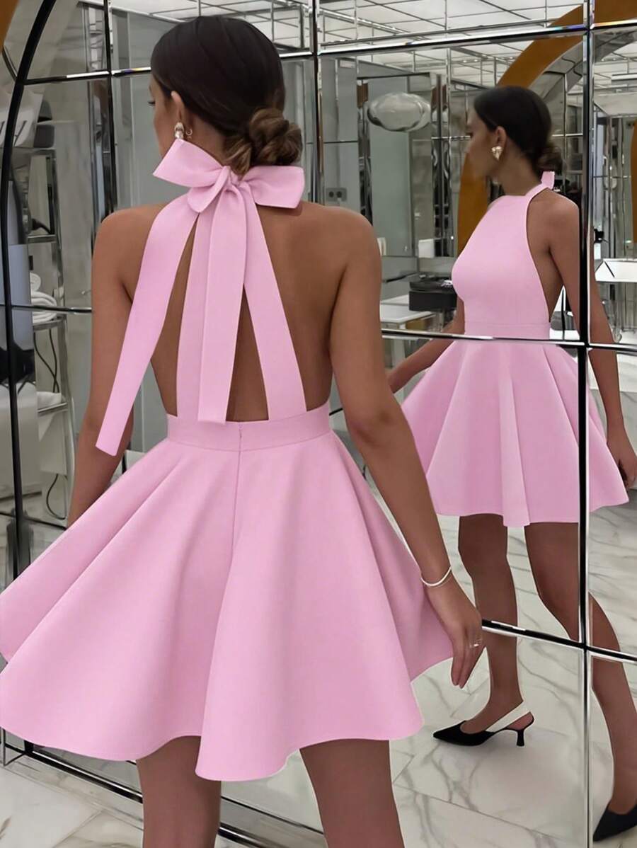 INAWLY 女式纯色露背蝴蝶结设计夏季无袖迷你连衣裙 - 粉色 - 查看 1