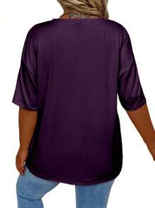 EMERY ROSE 大码 V 领纯色休闲宽松短袖 T 恤，夏季 - 紫色 - 查看 2