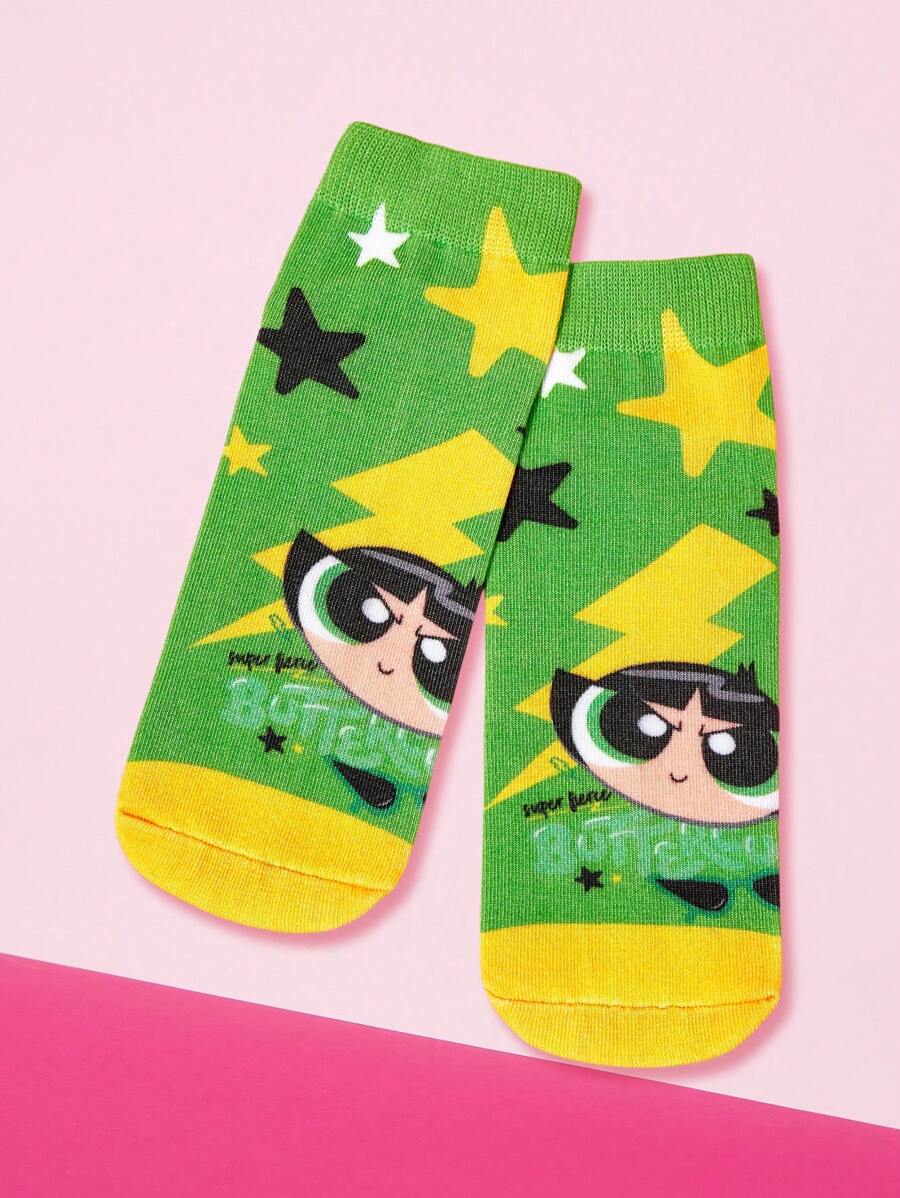 THE POWERPUFF GIRLS X SHEIN 毛茛图案酷炫闪电绿色踝袜 - 綠色 - 查看 1