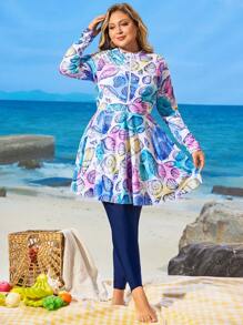 Swim Shayni Plus Size Women's 2 Pieces Modest Swimsuit With Long Sleeve And Pants, Middle Eastern Muslim Style, Ocean Shell Digital Print, Front Zipper Design, For Beach Party And Vacation For Summer