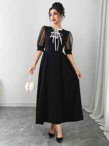 Modelyn Women's Fashion Solid Color Mesh Sleeve Tie Front Split Hem Dress