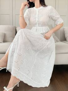 DAZY Bohemian Vintage Hollow-Out Floral Embroidered Collar Tie-Up Long Dress Vacation Dress - White - View 1