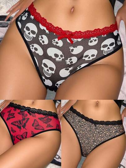 3pc Set Goth Style Skeleton, Leopard, Butterfly Net Patchwork Lace Thongs