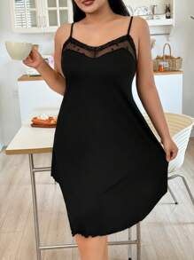 SHEIN V 领蕾丝拼接甜美荷叶边无袖休闲睡袍 - 黑色 - 查看 4