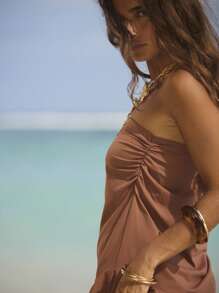 Aralina 荷叶边侧开衩修身丝滑质感优雅七月四日夏日假期长裙 - 玫紅色 - 查看 3