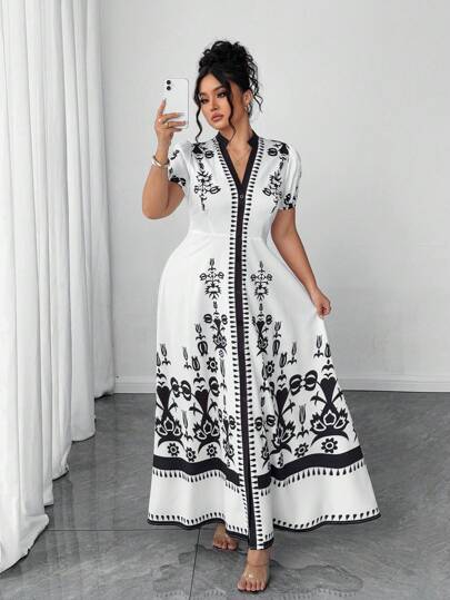 Elenzga Vestido de verano de manga corta y larga, estampado, para ajuste estilizador, para mujer de talla grande, nuevos modelos