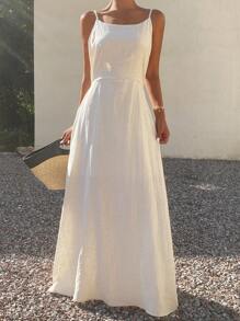 Livesso 女士纯色露背系带休闲中长吊带连衣裙，适合度假穿着 - 白色 - 查看 3