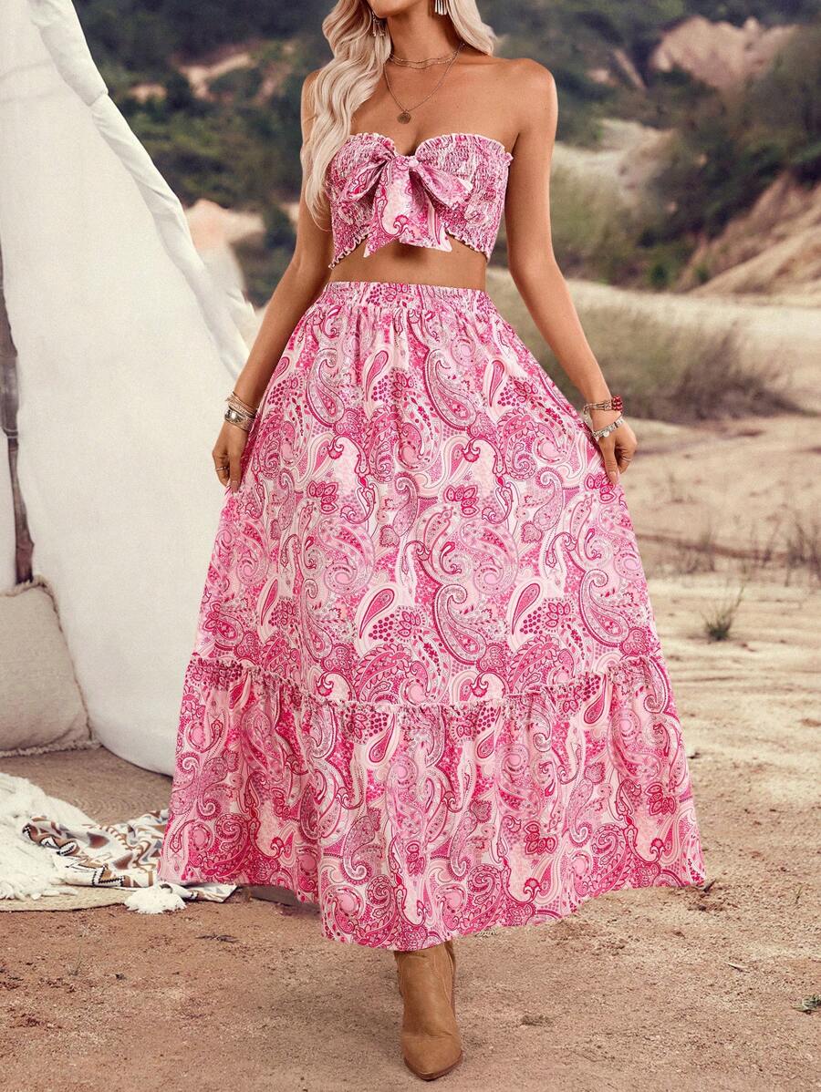 LanaWest Women 2pcs Set Of Pink Casual Halter Cropped Top With Backless Tie-Up Design And Long Maxi Skirt With Cashew Fruit Print, Holiday Style - Pink - View 1