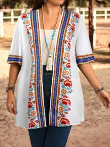 EMERY ROSE Plus Size Floral Print Ruffle Trim Open Front Short Sleeve Vacation Jacket,Summer,Vacation