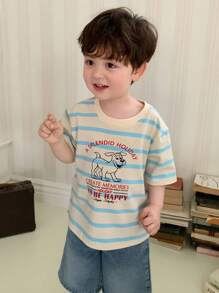 Hapijoa Toddler Boys' Casual Round Neck Loose Striped Short Sleeve Cartoon Print Tee - Blue - View 3