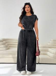 Solflare Plus Size Women 2 Pieces Casual Washed Top And Pants Set, For Summer 2 Piece Lounge Sets Women,Fall,Back To School,Business Casual,Office Outfits,Work,Teacher