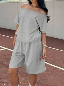 Muchica 女士夏季运动休闲灰色针织运动衫套装 - 灰色 - 查看 3