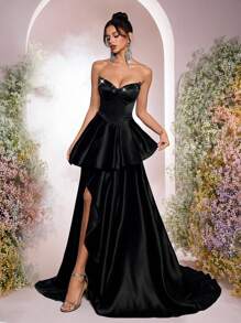 Glamrae Elegantes und wunderschönes Kleid mit schwarzen Pailletten-Nähten, luxuriöser Satin mit Baumwoll-Büstenträger, strapazlose I-förmige Faltenapplikation mit Seitenschlitzen und extra großem Schleppbesatz, geeignet für Dating-Partys, Junggesellinnenabschiede, Urlaub und formelle Abendessen-Anlässe, Abendkleid, Ballkleid, für Abende, Hochzeitsgäste