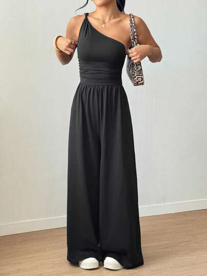 SHEIN Unity Damkläder Casual Outdoor Ärmlös Vriden Plisserad Lös Rak Ben Svart Jumpsuit, Vår/Sommar