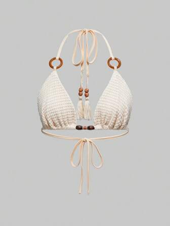 Hippie Top de bikini con cuello de halter sin espalda, decorado con cuentas de madera, estilo boho Y2K para mujeres