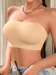 SHEIN 1pc Casual Comfortable Self-Adhesive Solid Color Backless Hollow Lace-Up Lining Nylon Women's Tubular Top(Strapless Bra) - Apricot - View 6