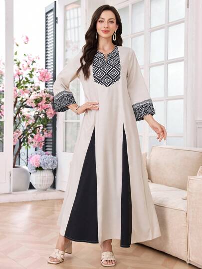SHEIN Najma 新款优雅印花拼布连衣裙，春夏，端庄