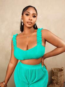 BamGleam Women's Sleeveless Solid Color Frill Trim Cropped Summer Tank Top - Green - View 5