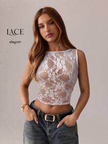 SHEIN SXY Black Top;Fall Women Clothes;Lace Top;Black Mesh See-Through Lace Jacquard Women's Sexy Party Tank Top - White - View 7