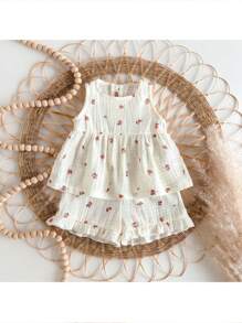 Loomiva 2pcs Newborn Baby Girl Floral Print Crew Neck Sleeveless Top And Elastic Waist Shorts Set