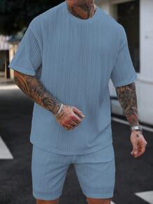 Manfinity CasualCool 男士纯色落肩休闲圆领纹理面料T恤男士两件套男士两件套男士两件套男士两件套男士两件套 - 藍色 - 查看 6