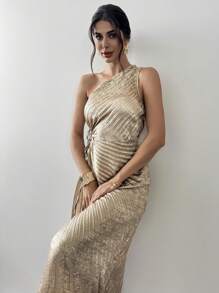 Firerie Ladies New Style Gold Pleated/Pleated Asymmetrical Hem Dress, Gold One Shoulder Strap Dress, Wedding Party Bridesmaid Dress, Suitable For Beach Vacation, Garden Party, Romantic Wedding Season, Bridesmaid, Outdoor Activities/Summer Outfits/Graduation Dress/Holiday Outfits/Parties,Party Dresses For Women - Gold - View 6