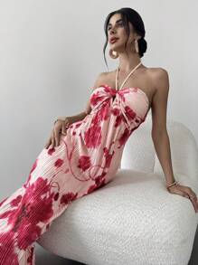 Firerie Women's Elegant Romantic Vacation Pleated Long Maxi Dress With Spaghetti Straps, Holiday Style Red Tie Dye Floral Print Aline Flowy Halter Neck Tie Dress For Beach, Wedding, Music Festival, Summer Holiday Outfits,Summer - Multicolor - View 2