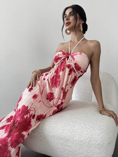 Firerie Dam Elegant Romantisk Semester Plisserad Lång Maxiklänning med Spaghettiband, Röd Tie Dye Blommigt Mönster Aline Böljande Halterneck Klänning För Strand, Bröllop, Musikfestival, Sommar