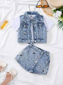 Young Girls Denim Two Pieces Outfits - Light Wash - View 3