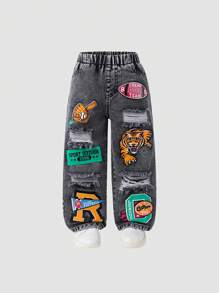 Toddler Boys' Personalized Cool Fashion Street Style Multi-Element Distressed Denim Elastic Waist Pocket Jeans Fall Winter - Light Grey - View 4