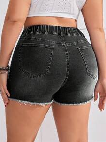 SHEIN EZwear Plus Size Women Drawstring Waist Pocket Distressed Frayed Hem Casual Versatile Denim Shorts - Black - View 2