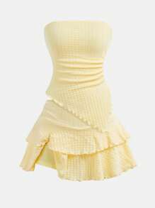 Girlism Teen Girls Resort Style Mustard Yellow Textured Tube Top With Front TwistGathered Waist Irregular Hem And Ruffled Skirt Two Pieces Suit. Suitable For Afternoon Tea, Streetwear, Vacation, Layering Or Party Wear, Autumn/Winter/Cute/Vacation