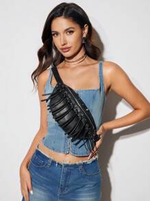 SHEIN BAE Túi đeo chéo nữ có khóa kéo tua rua phía trước - màu đen - Xem 4